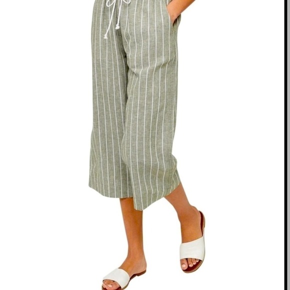 Beachlunchlounge Olive Green Striped Linen Cotton Drawstring Cropped Pant Sz L - Picture 1 of 9